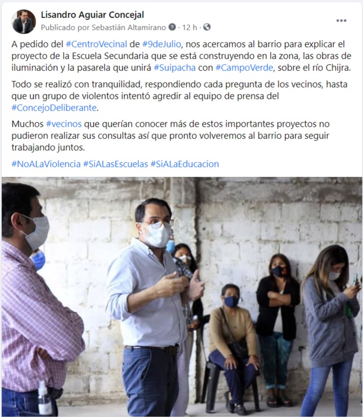 La publicación del concejal Aguiar en redes donde comenta que vecinos agredieron a un fotógrafo del Concejo Deliberante