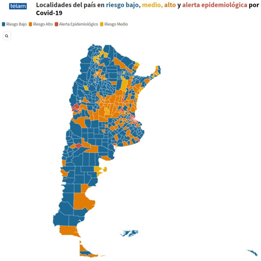 Mapa que muestra el riesgo epidemiológico en cada localidad del país y que fue determinante para decretar el nuevo confinamiento