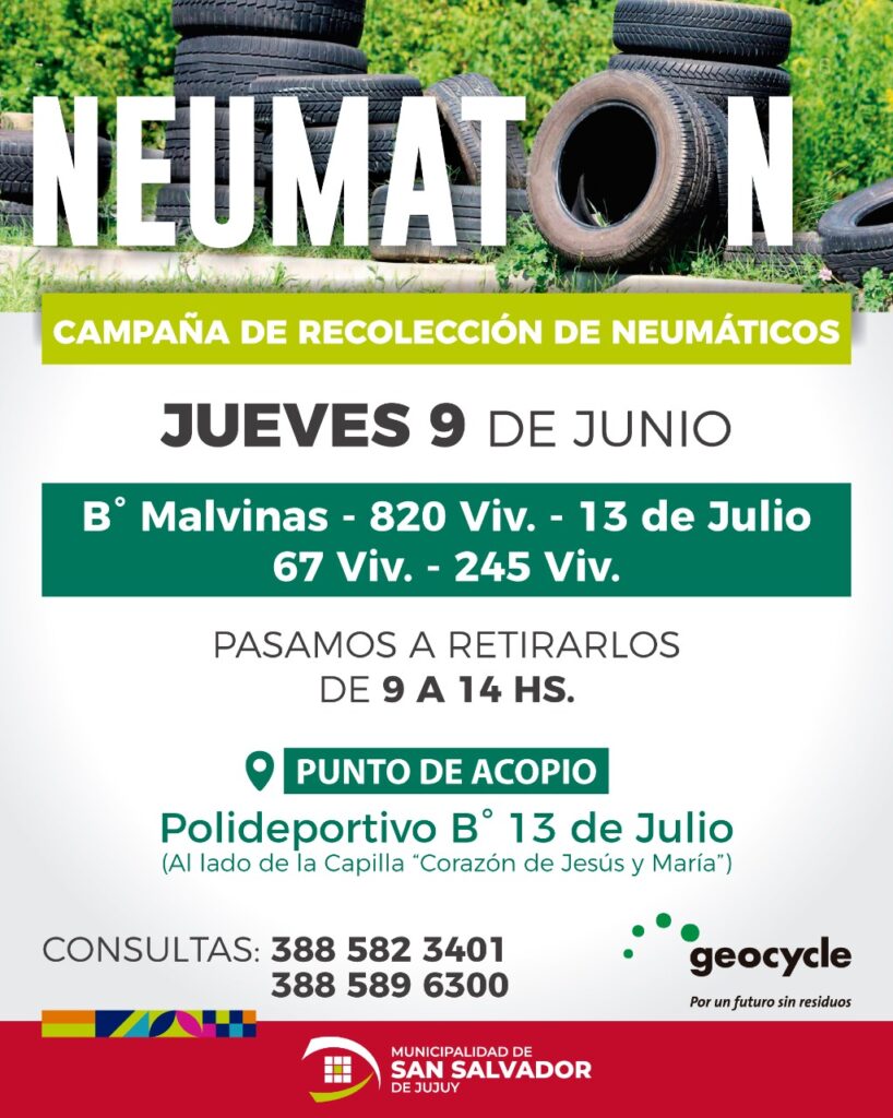 Se trata de una nueva edición del “Neumatón” organizado por la Municipalidad de San Salvador de Jujuy que invita a los vecinos del barrio Malvinas y aledaños a participar de la campaña de recolección de neumáticos en desuso.