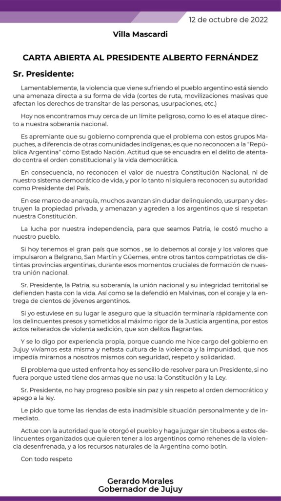 El Gobernador Gerardo Morales publicó en sus redes sociales una carta abierta dirigida al Presidente Alberto Fernández