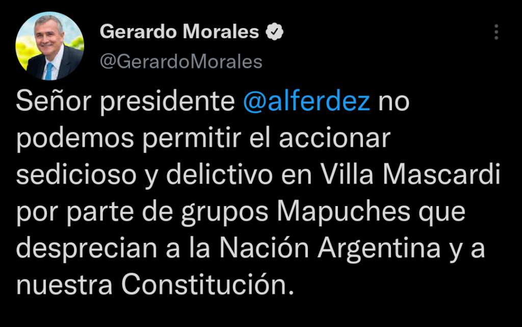 El Gobernador Morales publicó en sus redes sociales una carta abierta dirigida al Presidente Fernández respecto de la problemática que se está viviendo en las provincias patagónicas.